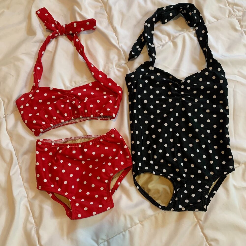 Adorable Red Dolly Retro Polka Dot Swim Set - Bikini (6-9m) & One-Piece (9-12)